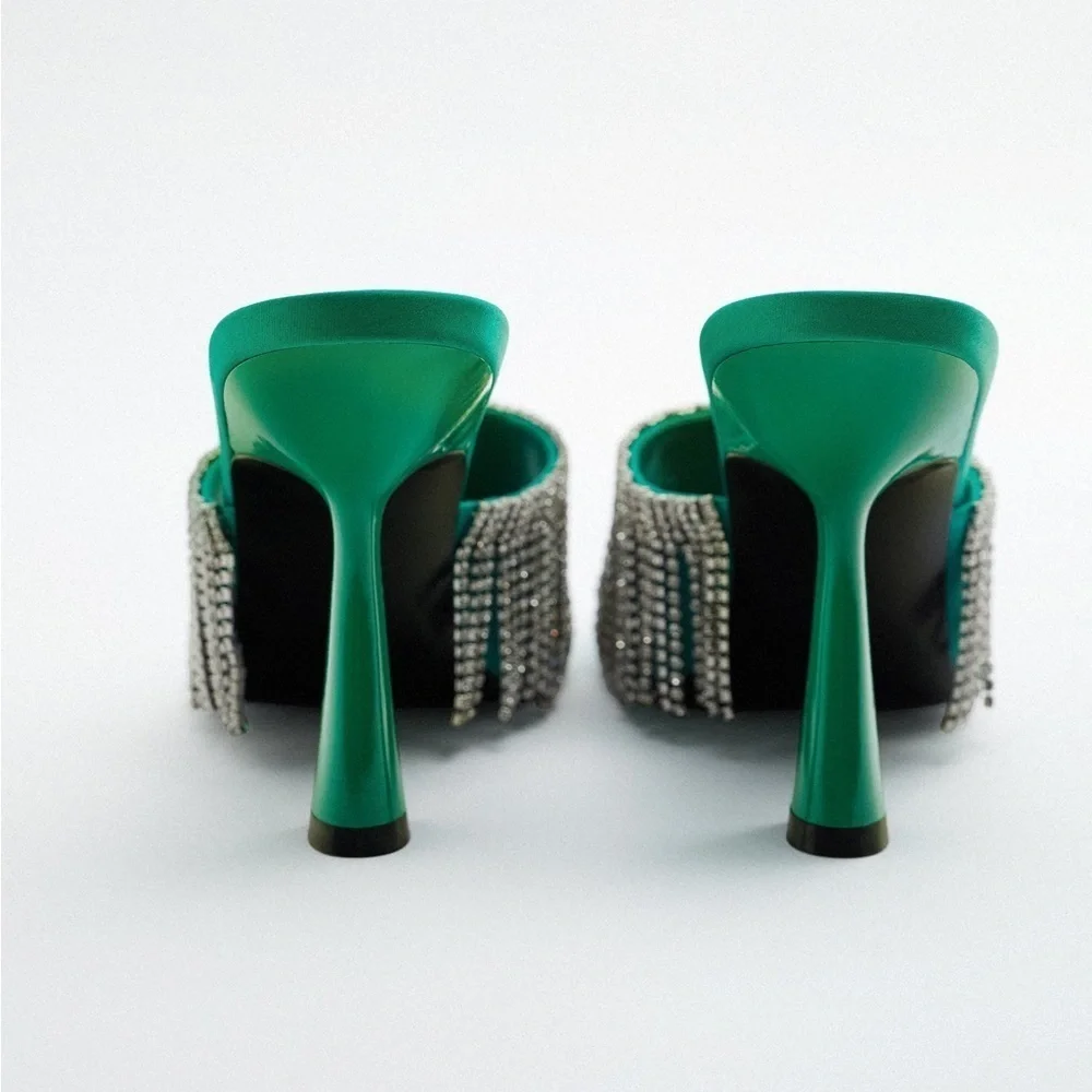 NWT. Zara Green Sparkly Heeled Sandals with Rhinestone Fringe. Size 9. - Picture 2 of 6